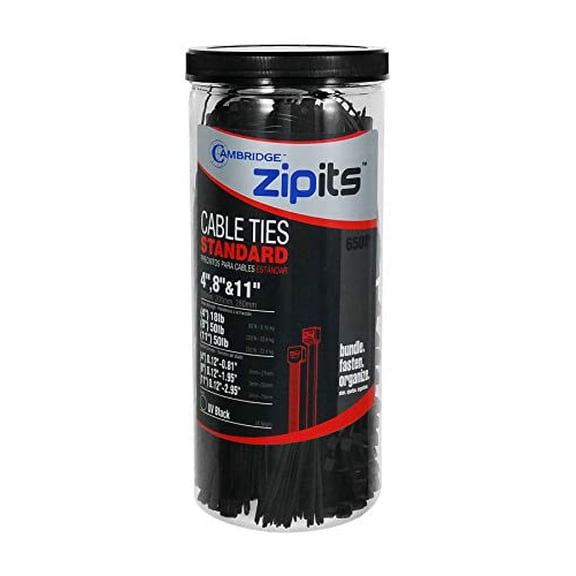 Cambridge ZipIts Multi-Purpose Cable Ties 650 Pack Assortment- 4 Inch 8 Inch 11 Inch Nylon Kit UV Black