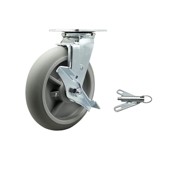 Cambro Camcruiser Vending Cart Swivel Caster with Bolt-On Swivel Lock and Wheel Brake 8 Inch Gray Non-Marking Thermoplastic Rubber Wheel - Replacement Caster - Brand