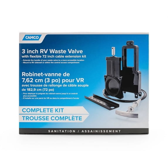 Camco 3-Inch Camper/RV Waste Valve with 72-Inch Flexible Cable Extension Kit | Easily Mounts to the Sidewall or Control Access Compartment (39519)
