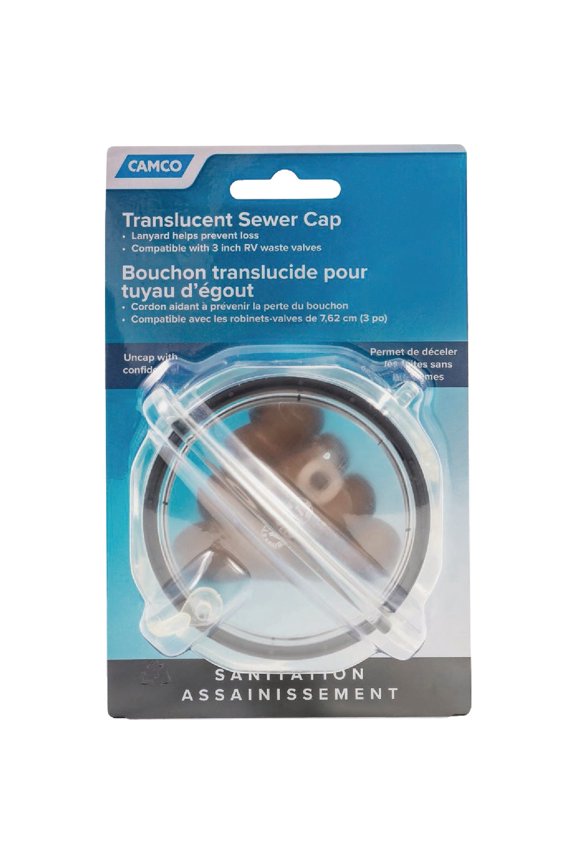 39455 Clear RV Sewer Cap with Lanyard - Prevents Leaks and Spills from Your RV's Sewer System, Silver