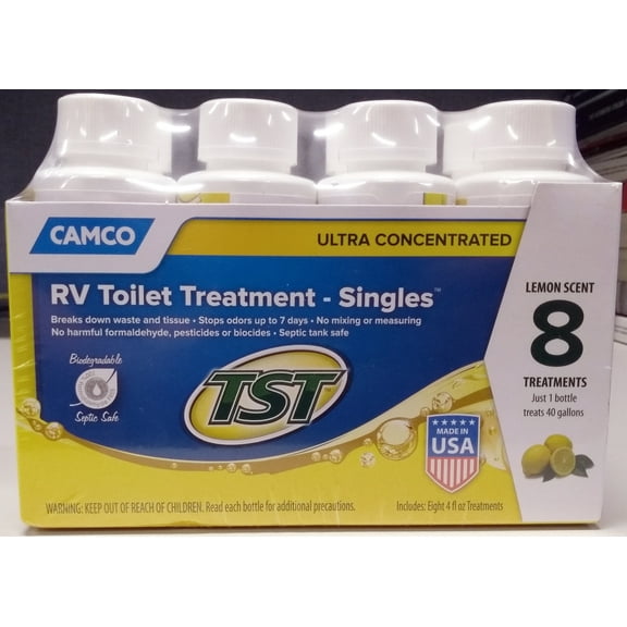 Camco 41571 Tst Ultra Concentrated Rv Toilet Treatment Singles - Lemon Scent, 8 X 4 Oz. Bottle