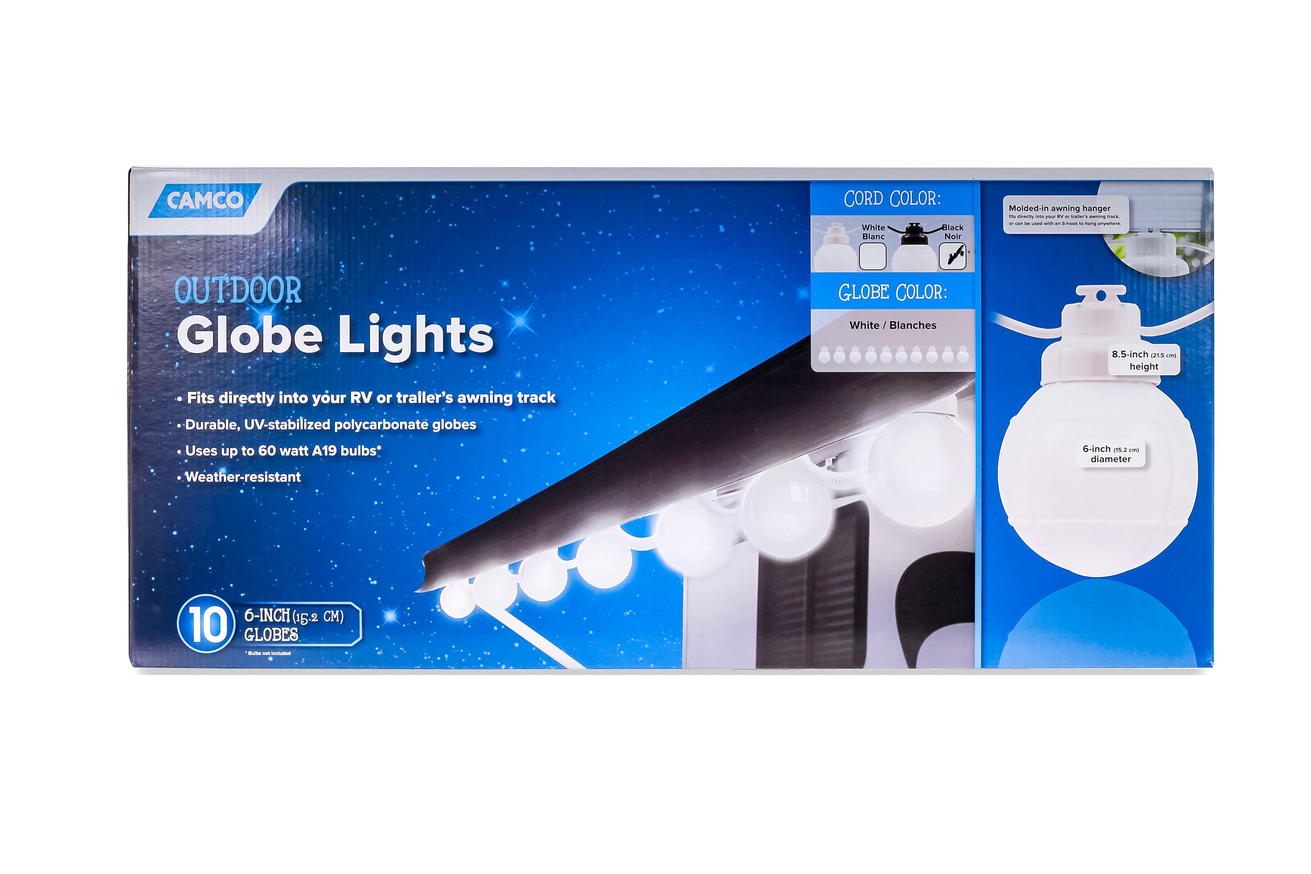 Camco 42774 Decorative RV Awning Globe Lights 10 White Globes on