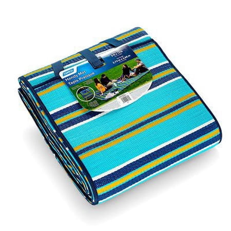 Camco 42817 9'x12' Handy Mat with Strap - Perfect for Picnics, Beaches, RVing and Outings - Reversible Blue, White and Yellow Striped Pattern