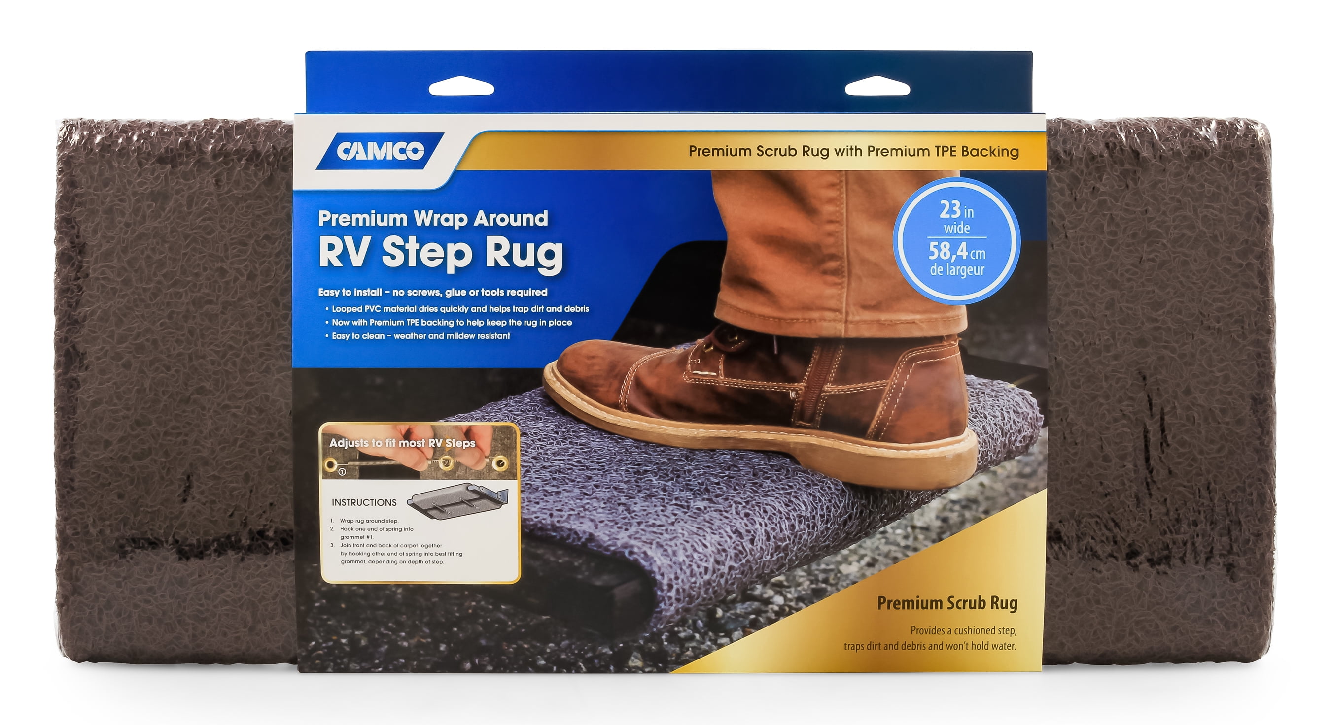 Camco 42967 Premium Wrap Around RV Step Rug / Premium Scrub Rug, PVC Material (22" x 23"), Brown