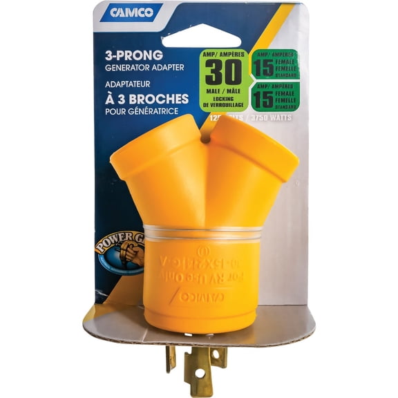 Camco 55433 - RV Trailer Camper 30M/2X15F Amp Powergrip Generator Adpt 3 Prong 125 Camco 55433