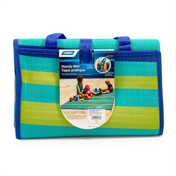Camco Picnic Mat Turquoise Beach Mat Striped Foldable - 1 Each, 60" x 78", Blue