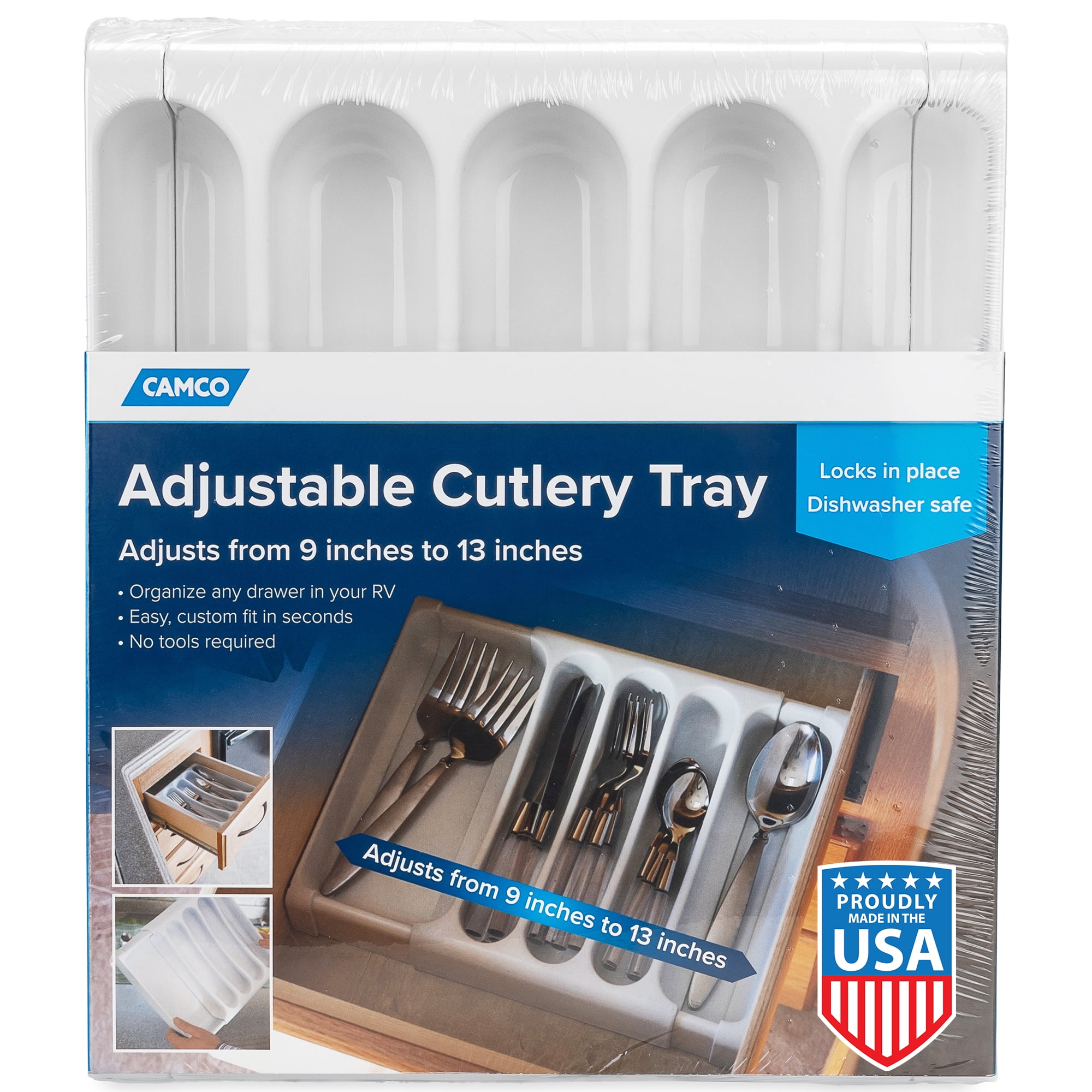Camco Adjustable Cutlery Tray - 9-inches to 13-inches - White (43503)