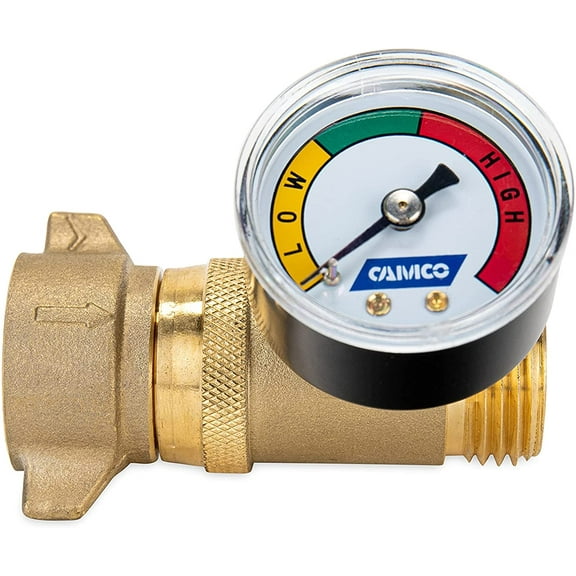 Camco Brass Water Pressure Regulator with Gauge- Helps Protect RV Plumbing and Hoses from High-Pressure City Water - Easy Read Gauge (40064)