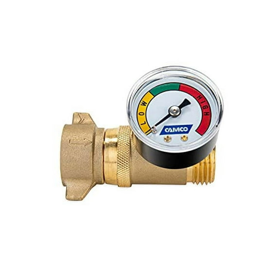 Camco Brass Water Pressure Regulator with Gauge- Helps Protect RV Plumbing and Hoses from High-Pressure City Water - Easy Read Gauge (40064)