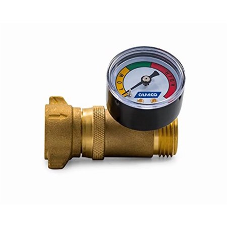 Camco Brass Water Pressure Regulator with Gauge Helps Protect RV Plumbing and Hoses from High Pressure City Water Easy Read Gauge Lead Free 40064