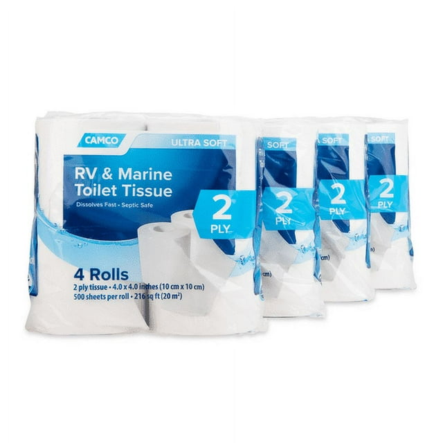 Camco 2-Ply RV and Marine Rapid Dissolve Toilet Tissue, 16 Rolls, 500 Sheets Per Roll (40282 ...