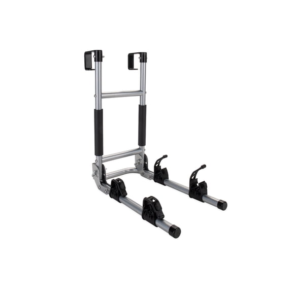 Camco 51492, Black and Silver Multi One Size, Camco Camper/RV Ladder Mount Bike Rack for Recreational Vehicle, Sport Utility Vehicle, Truck Exterior, Foldable 1 Piece 1 Pack Holds up to 2 Bikes