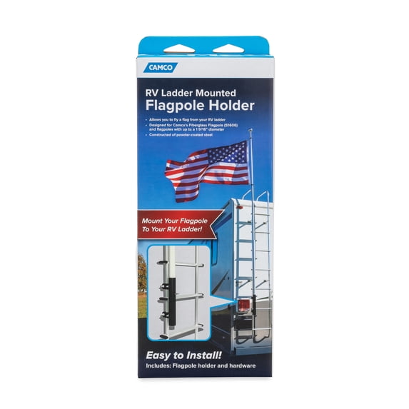 Camco Camper/RV Ladder Mounted Flagpole Holder | Crafted of Strong Powder-Coated Steel & Supports Flagpoles Up to a 1-9/16" Diameter | Compatible with most RV Ladder Rails (51612)