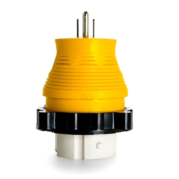 Camco Camper/RV Locking PowerGrip 15Amp-50Amp Adapter | Features a Marine-Style Locking Ring for a Weatherproof Connection | Rated for 125 V/1875W (55641)