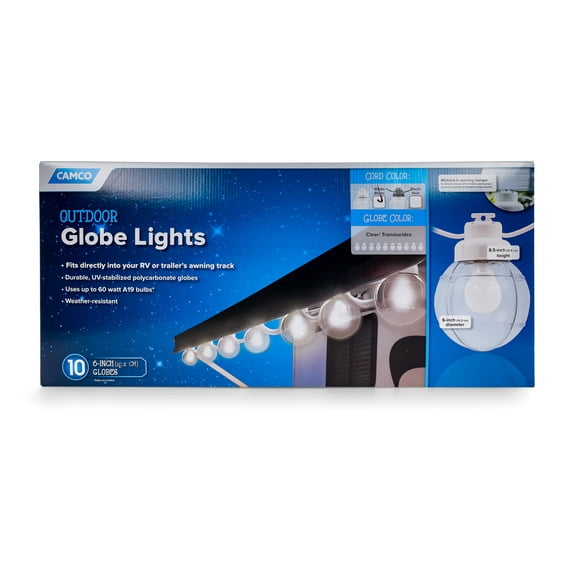 Camco Decorative RV Awning Globe Lights - 10 Clear Globes on Black Wire, Fits Directly Into Your RV Awning Track, Great for Outdoor Events (42772)