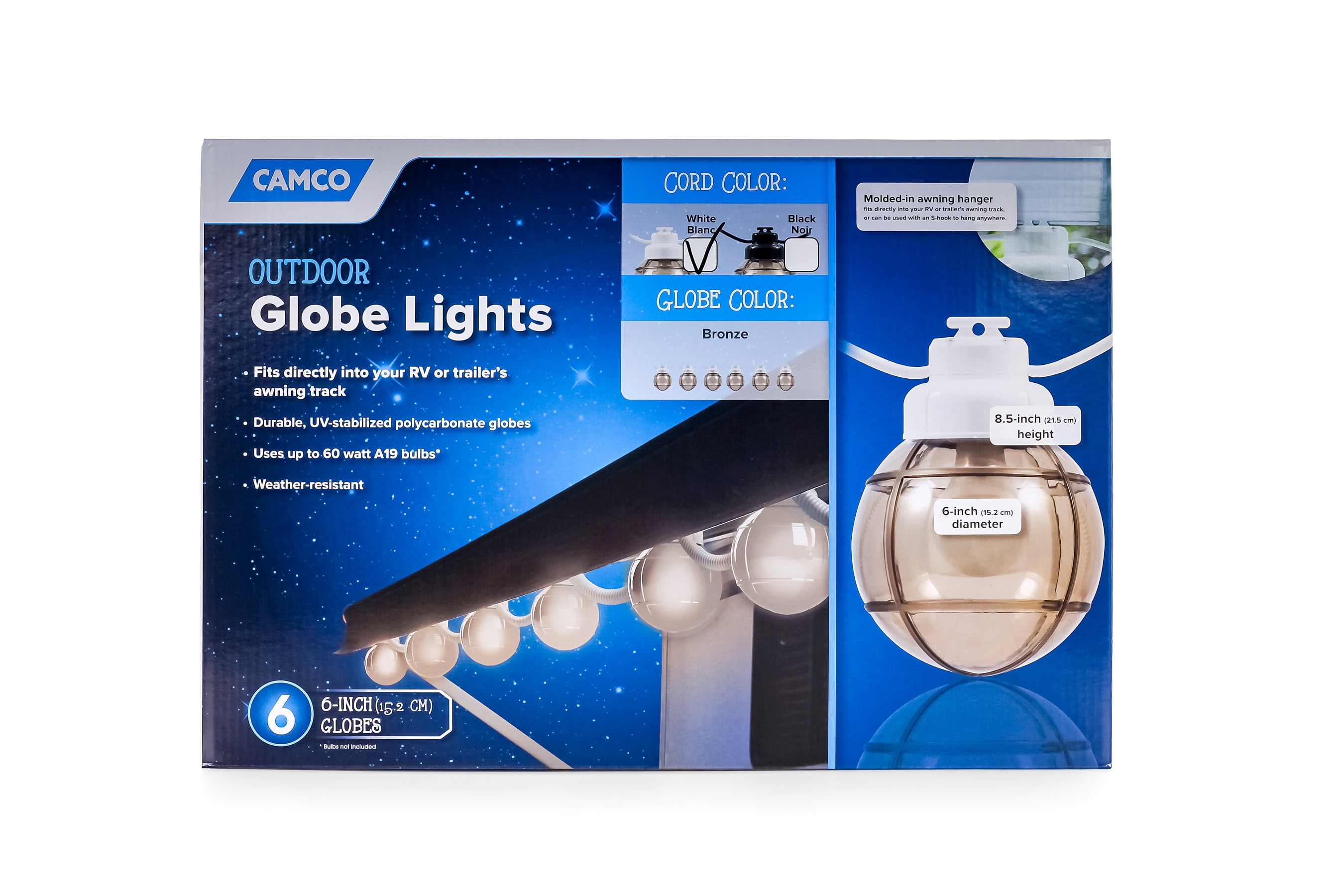 Camco Decorative RV Awning Globe Lights 6 Bronze Globes on White Wire