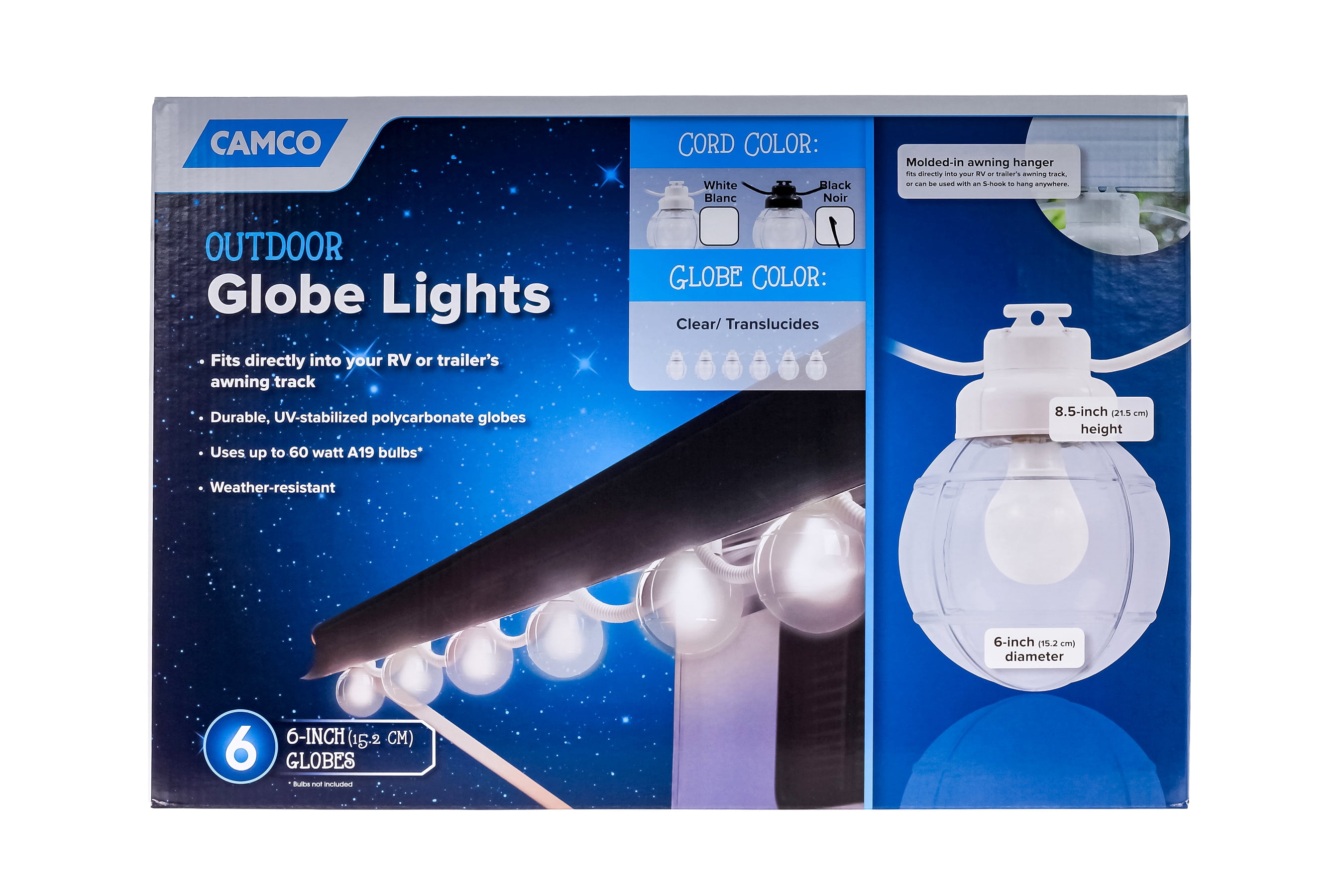 Camco Decorative RV Awning Globe Lights - 6 Clear Globes on Black Wire ...
