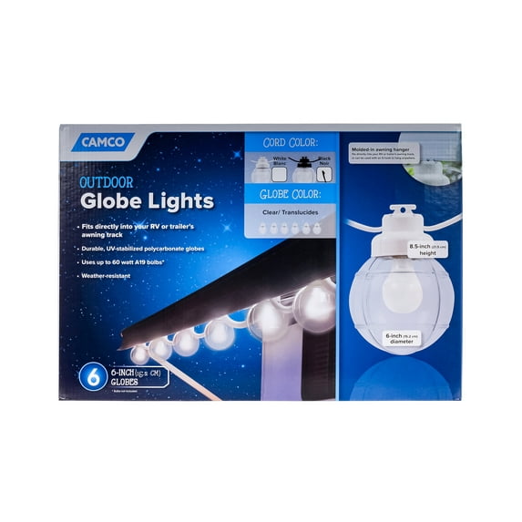 Camco Decorative RV Awning Globe Lights - 6 Clear Globes on Black Wire, Fits Directly into Your RV Awning Track, Great for Outdoor Events - (42762)