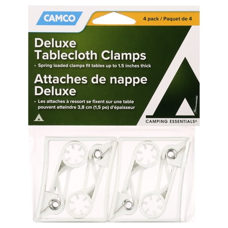 Camco Deluxe Tablecloth Clamps | Features a Spring-Loaded Design for a Strong Hold, a Heavy-Duty Plastic Construction, and Fits Tables Up to 1-1/2-Inches Thick | 4-Pack (51077)