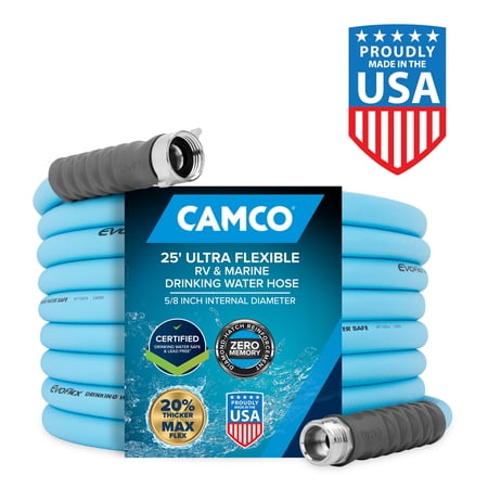 Camco 25-Foot EvoFlex RV Drinking Water Hose with Stainless Steel Strain Reliefs (22594)