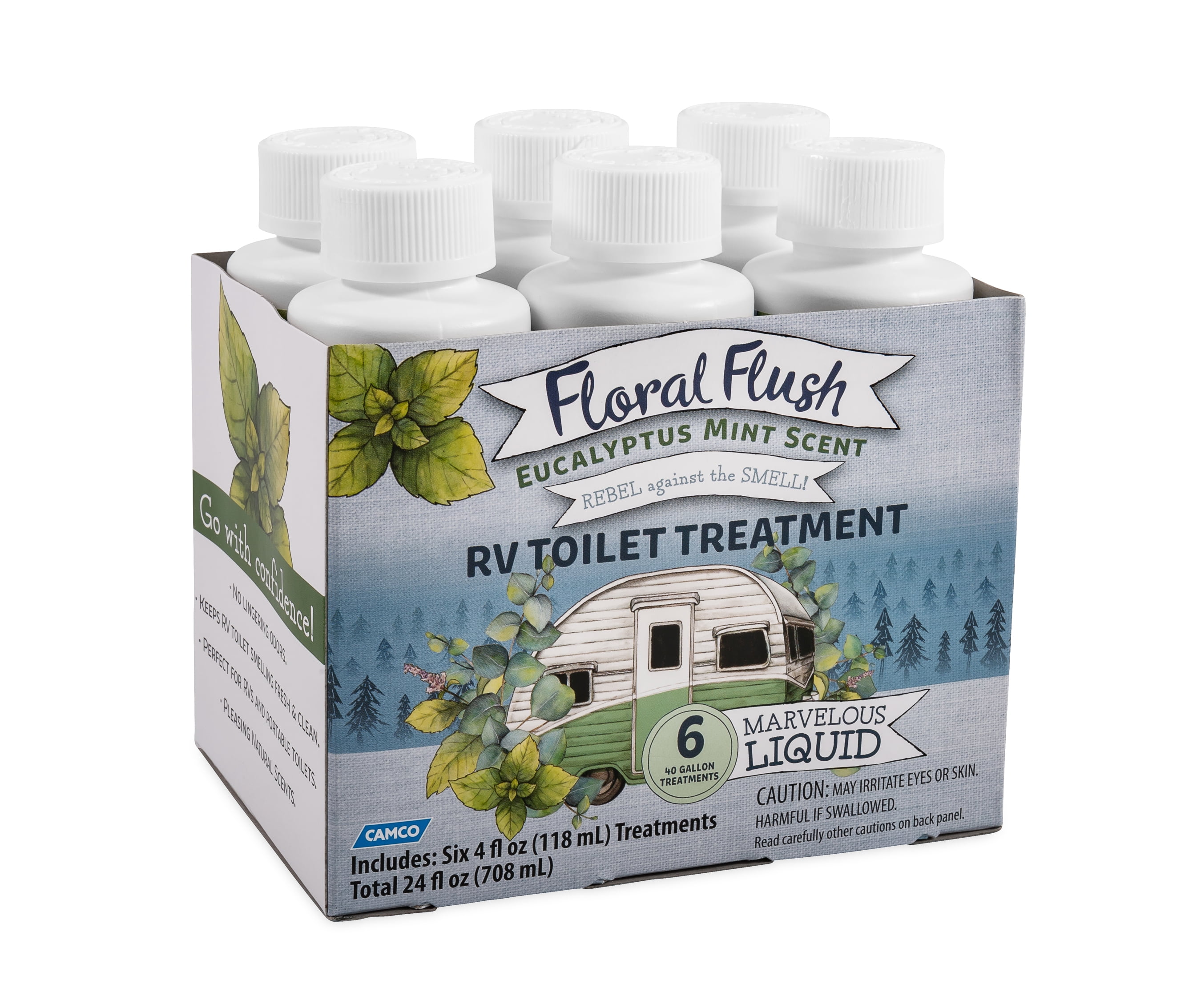 Camco Floral Flush RV Toilet Treatments Eucalyptus Mint, (6) 4Ounce