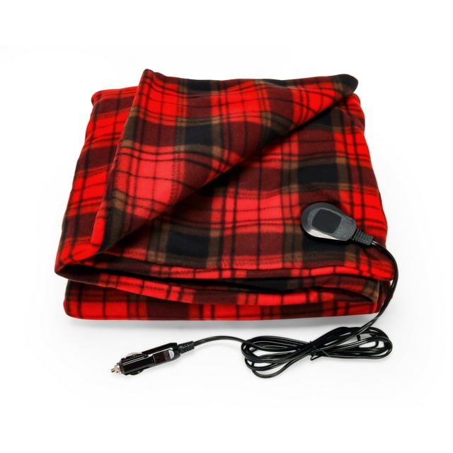 Camco Heated Blanket for RVs, Camping, Traveling, and More | Ideal for Cold Nights, Relieving Aches and Pain | 100% Polar Fleece | Red/Black Plaid (42804)