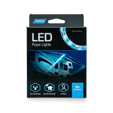Camco LED 16' Blue and White Rope Light - RV and Camper Interior and Exterior Lighting for Special Occasions and Outdoor Events, Fits Into Your RV Awning Track (53094)
