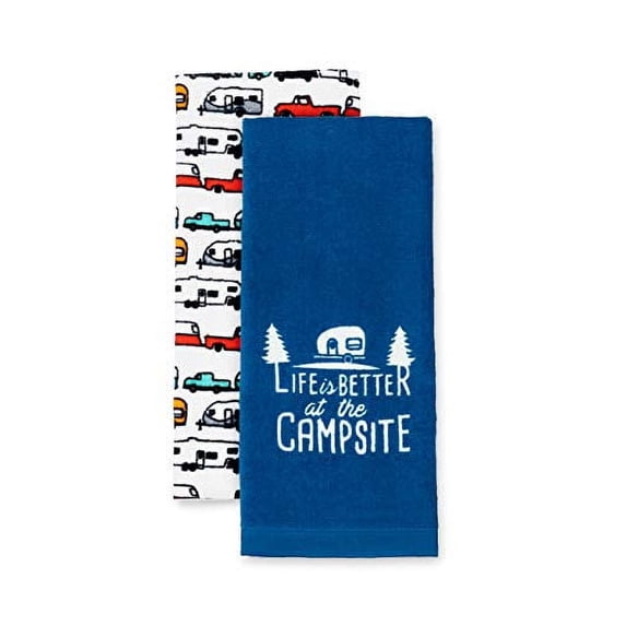 Camco Life is Better at The Campsite Camper/RV Dish Towel Set | Features a Camping/RV Themed Towel & a Navy Blue with White Logo Towel | Designed with 100% Cotton | 2-Pack (53301)