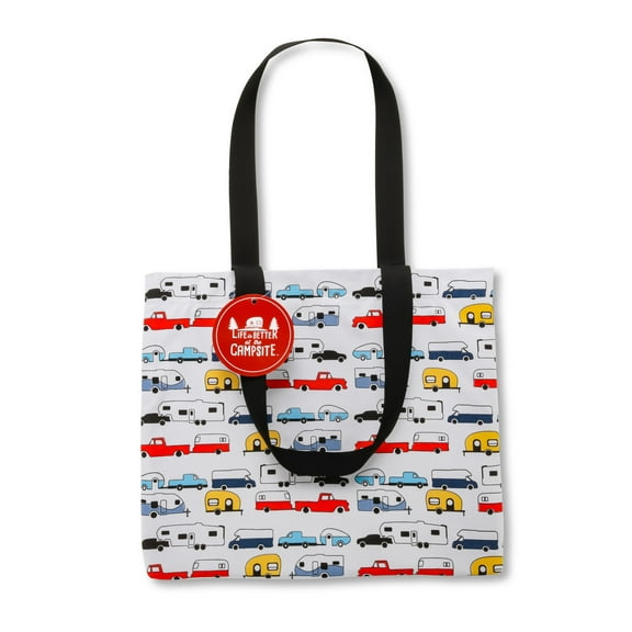 Camco Life is Better at The Campsite Canvas Tote Bag with Magnetic Closure and Zippered Interior Pocket - Reusable Grocery Bag, Beach Bag - Retro RV (53203)