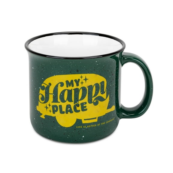 Camco Life is Better at the Campsite Ceramic Mug  Microwave and Dishwasher Safe Green Background with Yellow Retro RV My Happy Place Design  14oz. 53471