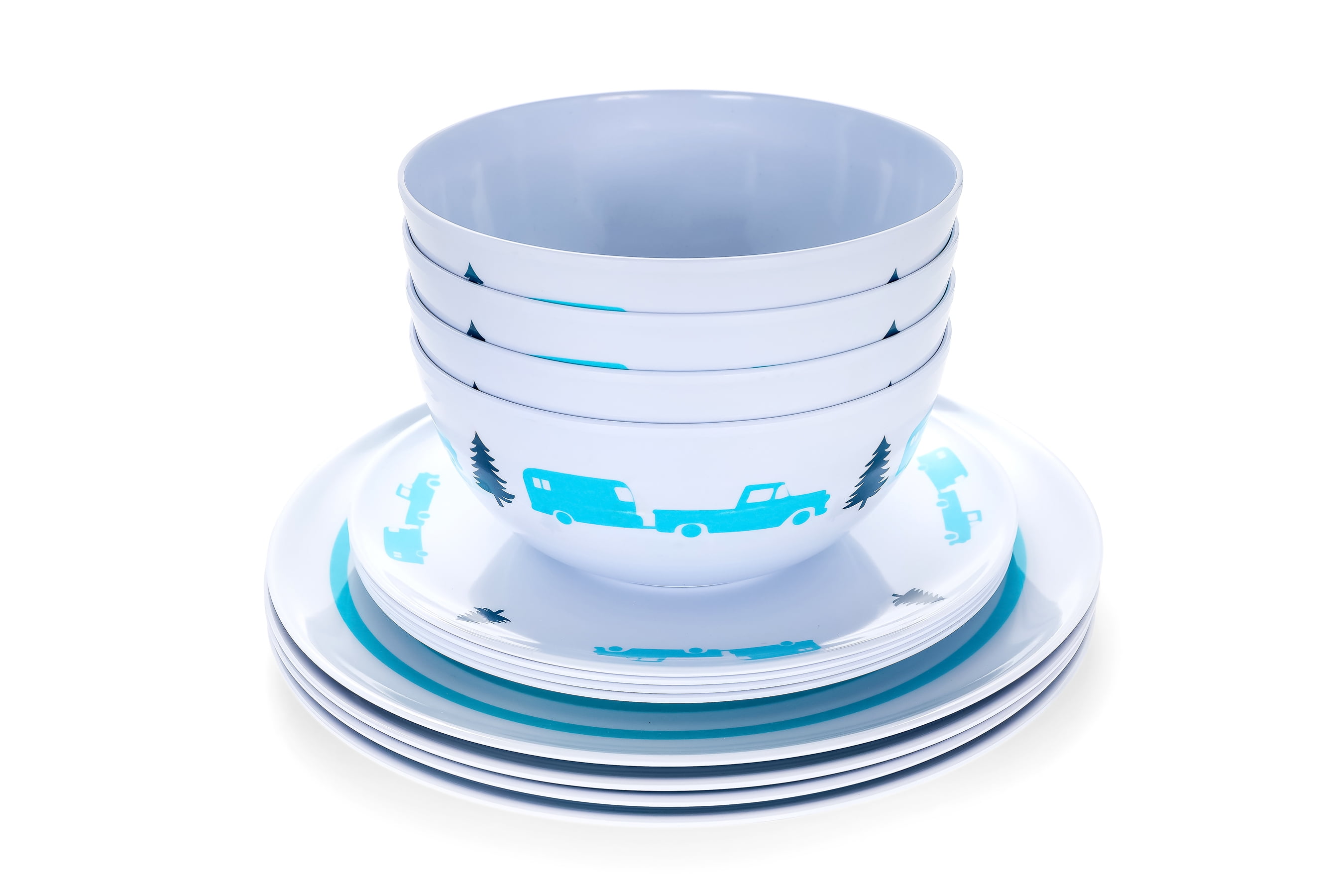 Camco Life is Better at The Campsite Dishware Set | Features an RV Camping Theme Design, a Durable Melamine Construction, and are Top Rack Dishwasher Safe | Blue/White, Set of 12 (53296)
