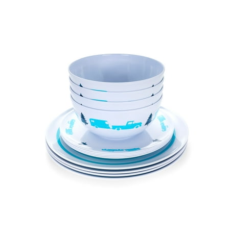 Camco Life is Better at The Campsite Dishware Set | Features an RV Camping Theme Design, a Durable Melamine Construction, and are Top Rack Dishwasher Safe | Blue/White, Set of 12 (53296)