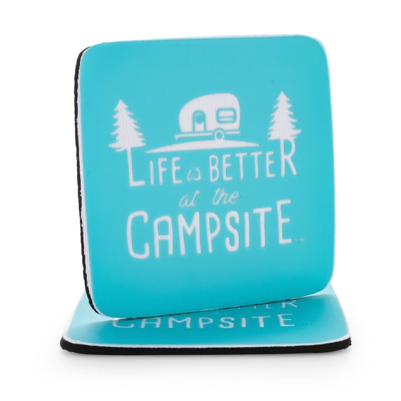 Camco Life is Better at The Campsite Drink Coasters | Features a Unique "Life is Better at The Campsite" Logo/Retro RV Pattern Teardrop Trailer and Trees | Pack of 2, Neoprene (53230)