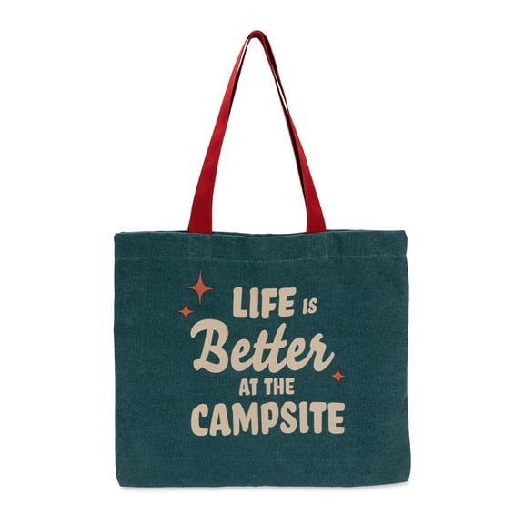 Camco Life is Better at The Campsite Tote Bag  Perfect for Groceries, Shopping or as a Purse  Gray/Blue Tote Bag with Red Retro Stars & Large, Tan Life is Better at The Campsite Text 53481