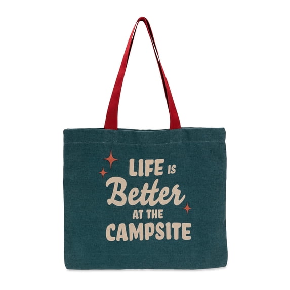 Camco Life is Better at The Campsite Tote Bag Perfect for Groceries, Shopping or as a Purse Gray/Blue Tote Bag with Red Retro Stars & Large, Tan Life is Better at The Campsite Text 53481