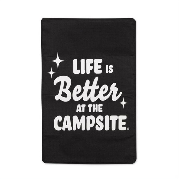 Camco Life Is Better at the Campsite Camper/RV Door Window Light Blocking Shade | Black with Retro Stars and White Text, 25.25" x 16.25" (53051)
