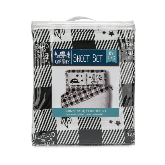 Camco Life Is Better at the Campsite RV Bed Sheet Set | RV King-Sized, Polyester, Black & White (53474)