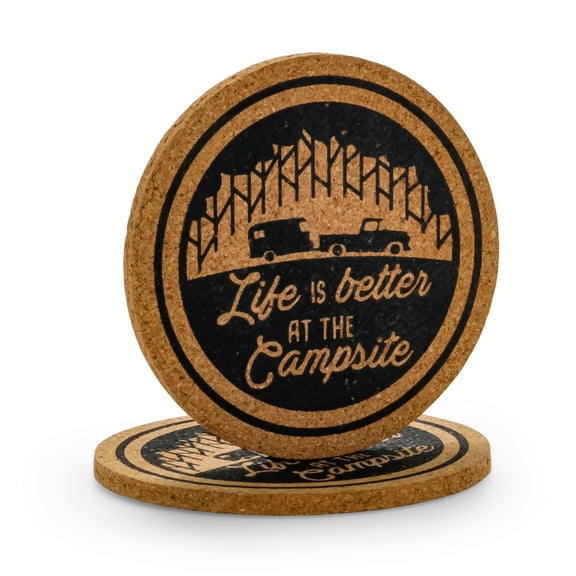 Camco Life is Better at The Campsite Camper/RV Drink Coasters | Cork, Brown, 2-Pack (53228)