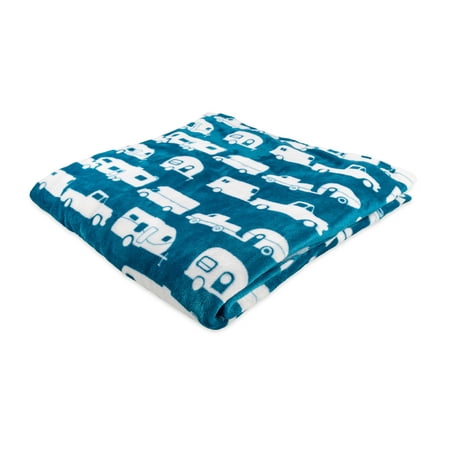 Camco RV Life is Better at the Campsite Plush Fleece Blanket, Queen Size, Blue and White (53440)