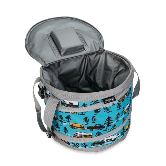 Camco Life is Better at The Campsite Camper/RV Pop-Up Cooler | Fabric, PVC Lining | Blue/Teal and Gray RV Sketch Design (53417)