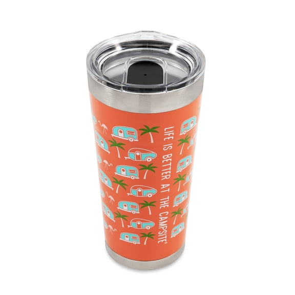 Camco Life is Better at The Campsite Camper/RV Printed Tumbler | Stainless Steel, a Palm Tree and RV Pattern | Pink, 20oz (53322)