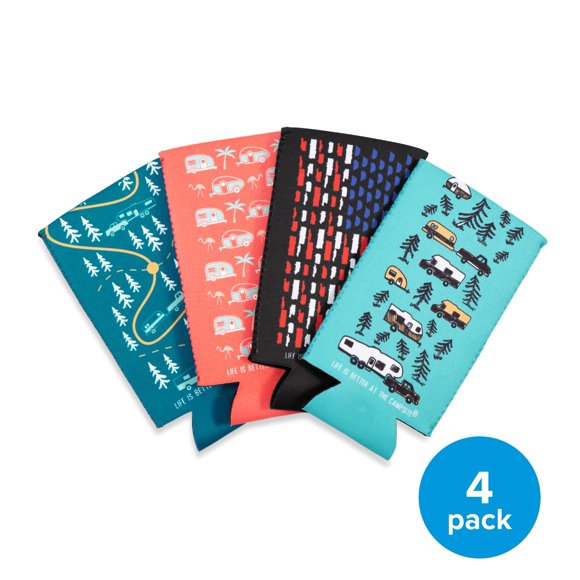 Camco Life Is Better at the Campsite RV-Themed Skinny Cozie Can Coolers, Neoprene, Multicolor, 4-Pack (53309)