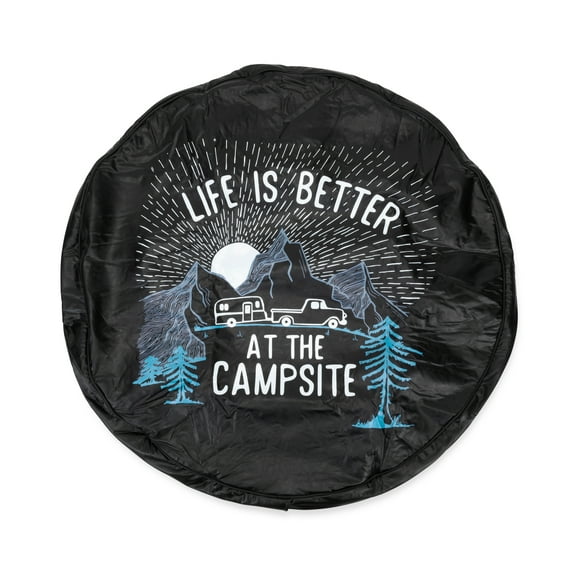 Camco Life is Better at The Campsite Camper/RV Spare Tire Cover | Fits 27-inch Tires | Vinyl, Black Camping Design (53497)