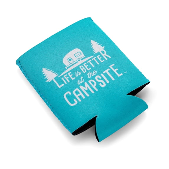 Camco Life is Better at The Campsite Can Sleeve | Features an RV-Themed Design, Easy to Grip, and Holds 12oz Cans | Teal, Neoprene (53249)