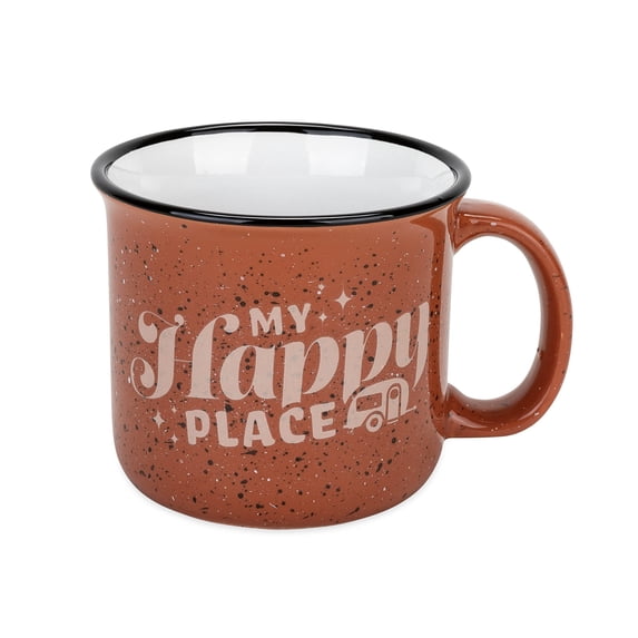 Camco Life is Better at The Campsite Ceramic Mug Microwave and Dishwasher Safe Red Background with Retro RV My Happy Place Design 14 oz. 53472