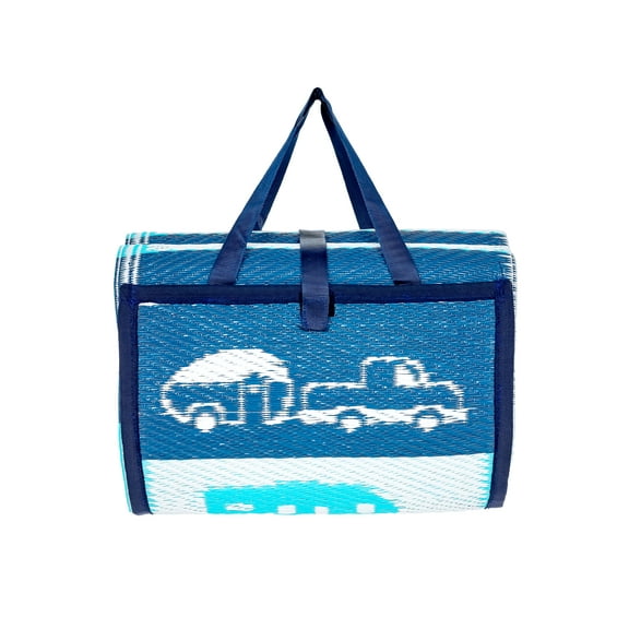 Camco Life is Better at The Campsite Handy Mat with Strap | 60"x 78" | Blue Reversible RV Pattern (53266)