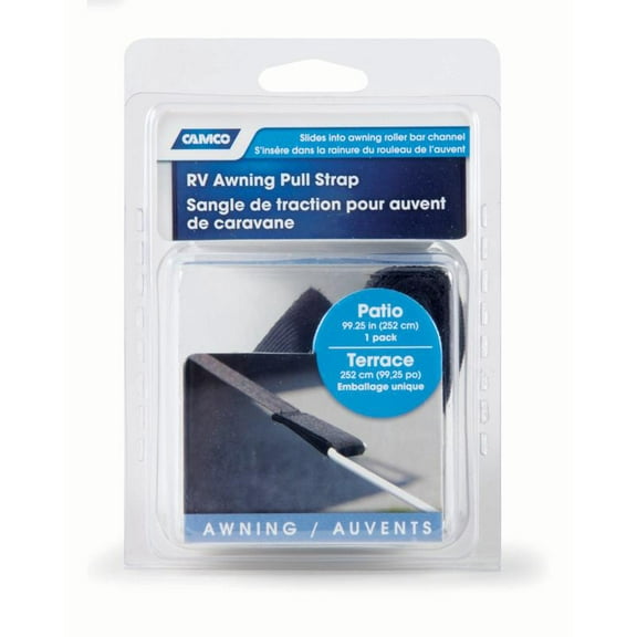Camco Patio Awning Pull Strap Black 8.3'L, RV Parts for Easy Installation, Liquid Tank Treatment