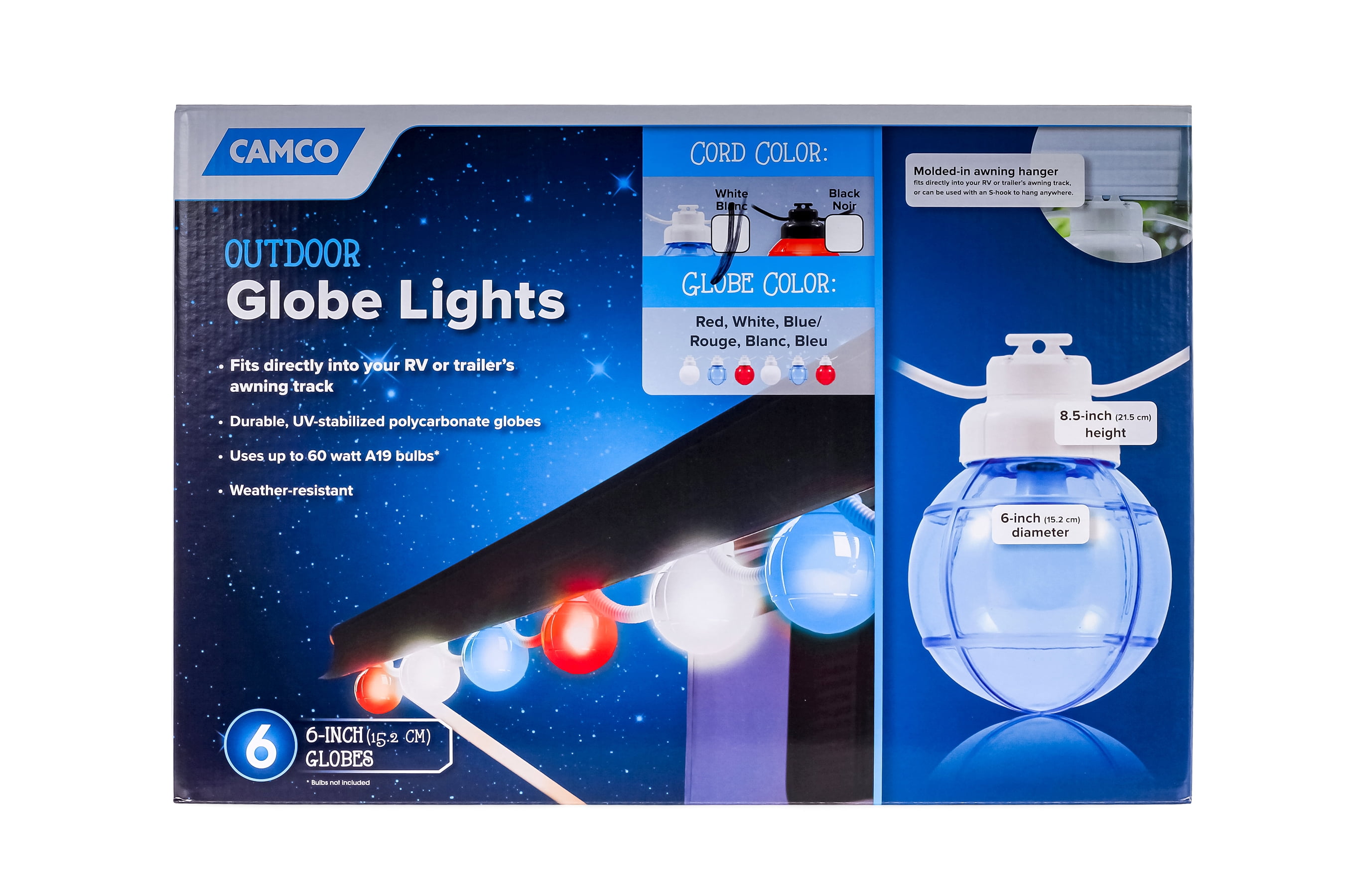 Camco Patriotic Awning Globe Lights 6 Blue Globes on White Wire