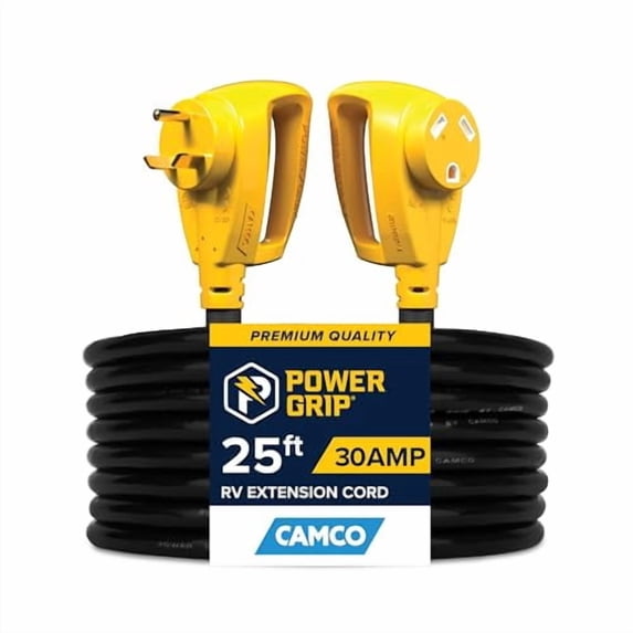 Camco Power Grip 25-Ft 30 Amp Camper RV Extension Cord - Male to Female (NEMA TT-30P to TT-30R) - Rated for 125V/3750W - Features Heavy Duty 10-Gauge Copper Wire & Weather Resistant PVC (55191)