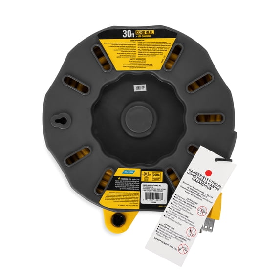 Camco Power Grip 30-Foot Extension Cord Reel with USB Charging Ports | Provides an Extended Length to Power Your Equipment and Devices | Features Multiple Built-in Power Outlets (55290)